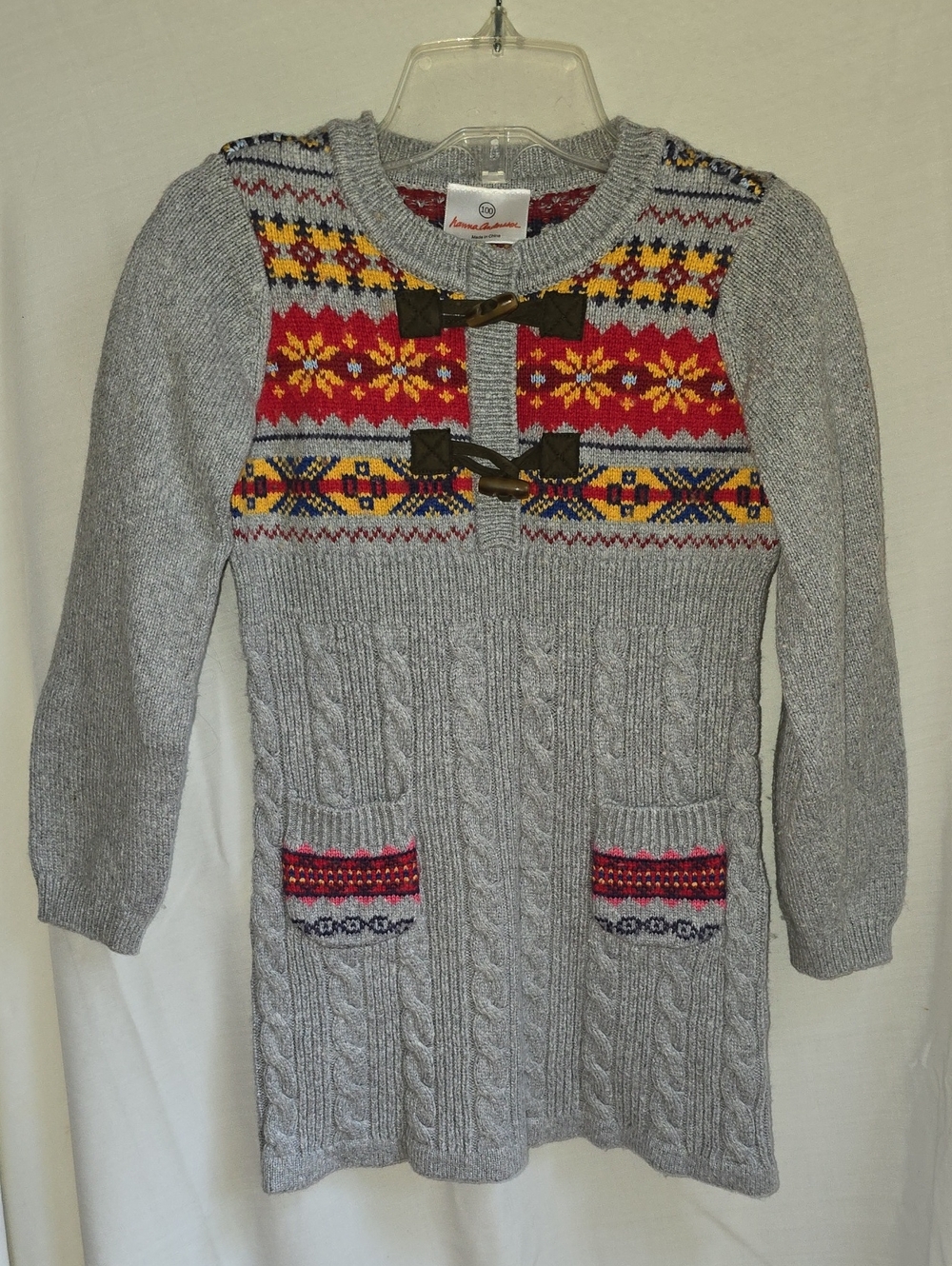 Hanna Andersson Grey Cable Knit Dress with Red & Yellow Fair Isle